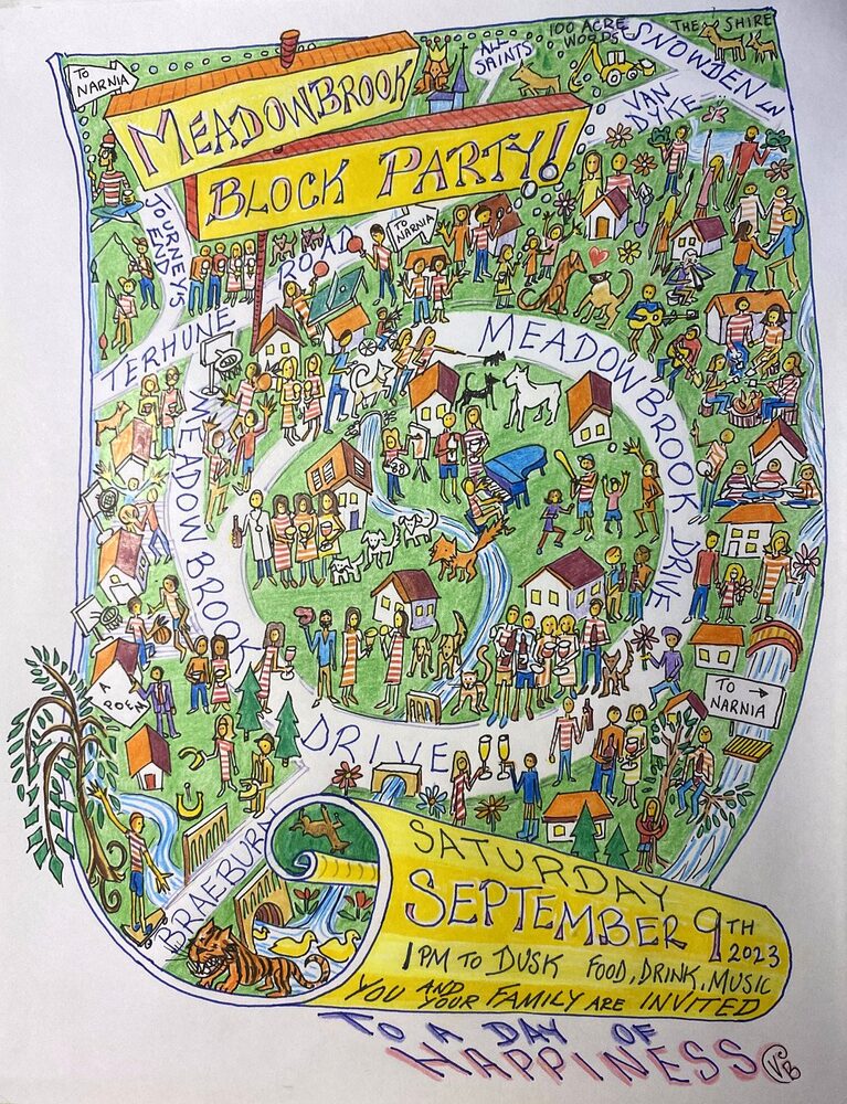 The 2023 Meadowbrook block party invitation by Victoria Bell