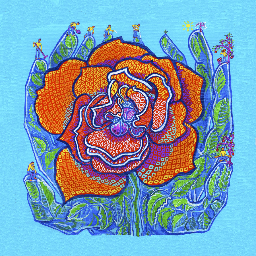 Painting by Victoria Bell: an orange rose held by two hands, with small figures tending gardens on the fingertips